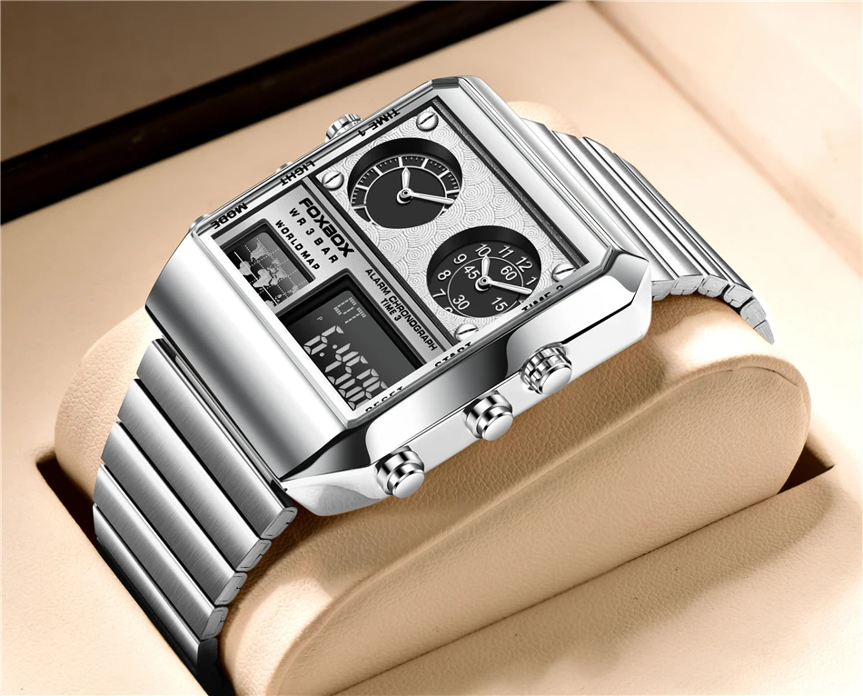 Montre carrée créative pour hommes, montre-bracelet en acier inoxydable doré, étanche, à Quartz, horloge numérique_voghion.com