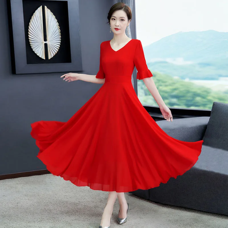 

Summer Women Dresses New Fashion Large Size temperament Chiffon Dress Female Trumpet sleeve V-neck Big swing Dress Vestidos 5XL