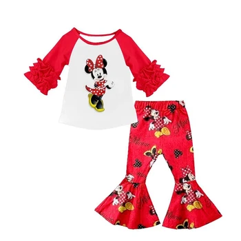 

hot sale cute cartoon character ruffle tops with red bell-bottoms kids outfits