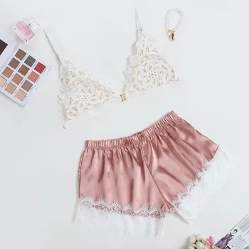 

Pink Sexy Pajamas Set Summer Eyelash Lace Cami Top And Satin Shorts Sleepwear Casual Women Nightwear Homewear