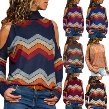 

2019 Fashion Women Blouse Top Striped Geometric Printed Turtle Neck Long Sleeve Casual Loose Off-shoulder Pullover Blouse