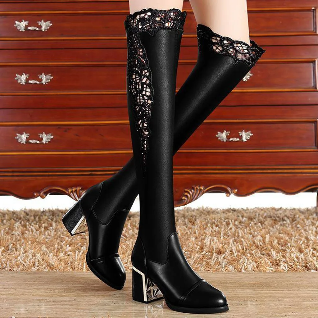 

Women Embroidered Lace elastic boots Over-the-knee Solid Color Bare Boots Square root High Heel Casual sexy Long Tube Booties
