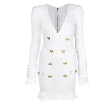 

HIGH QUALITY New Fashion 2018 Fall Winter Designer Dress Women's V-neck Double Breasted Tassel Tweed Dress