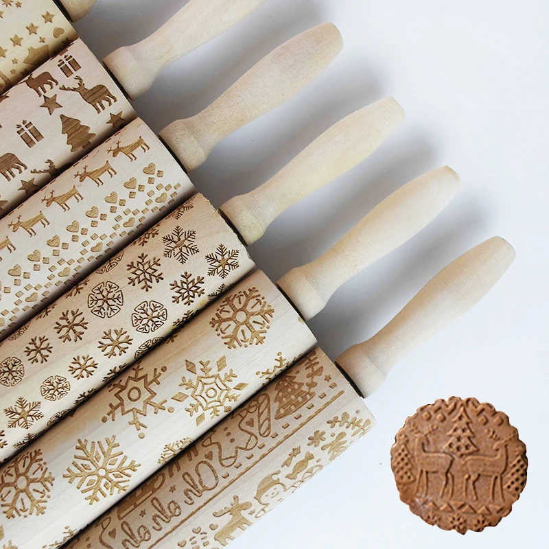 

35cm Christmas Embossing Rolling Pin Christmas Snowflake DIY Baking Cookies Noodle Biscuit Dough Wooden Roller Xmas Kitchen Tool