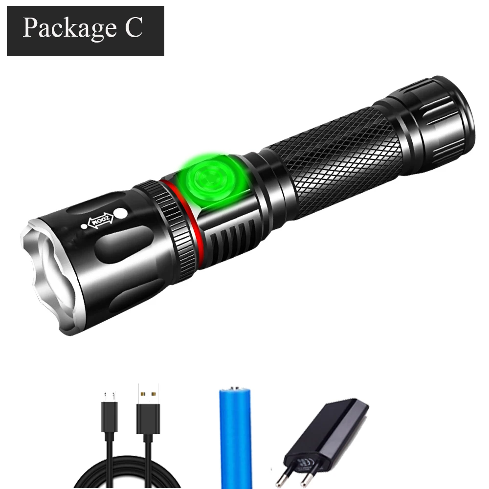 T6/L2 супер яркий светодиодный светильник-вспышка с подзарядкой USB linterna, светодиодный фонарь с подсказками, масштабируемый велосипедный светильник 18650 для кемпинга - Испускаемый цвет: Package C