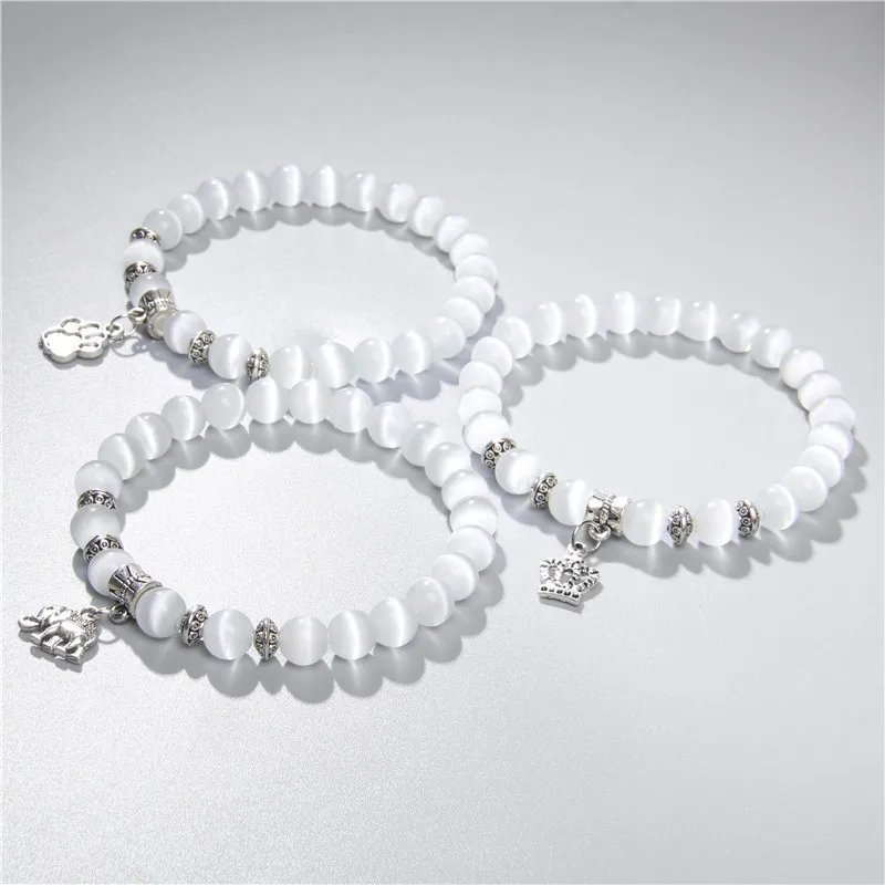 Bracelet Jewelry 8mm white Cat Eye stone Beads Bracelet with Lucky dragonfly Dog claw butterfly Pendant Charms
