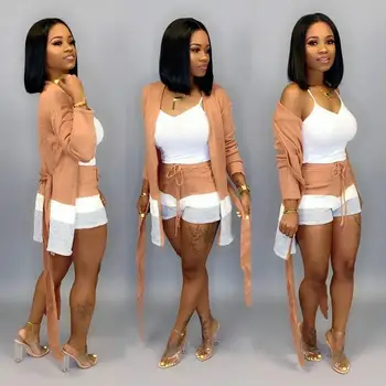 

Striped Casual Women Two Piece Outfits Open Stitch Long Sleeve Bandage Coat With Drawstring Shorts Black Plus Size Matching Sets