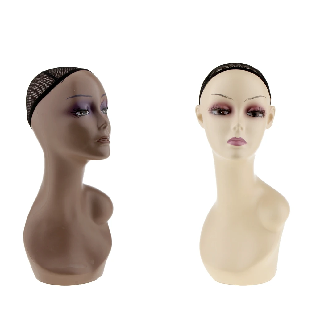 

2 Pcs Durable Plastic Female Mannequin Head 18'' Tall Realistic Make-up Mannequin Head Wigs Display Skin/Black Color