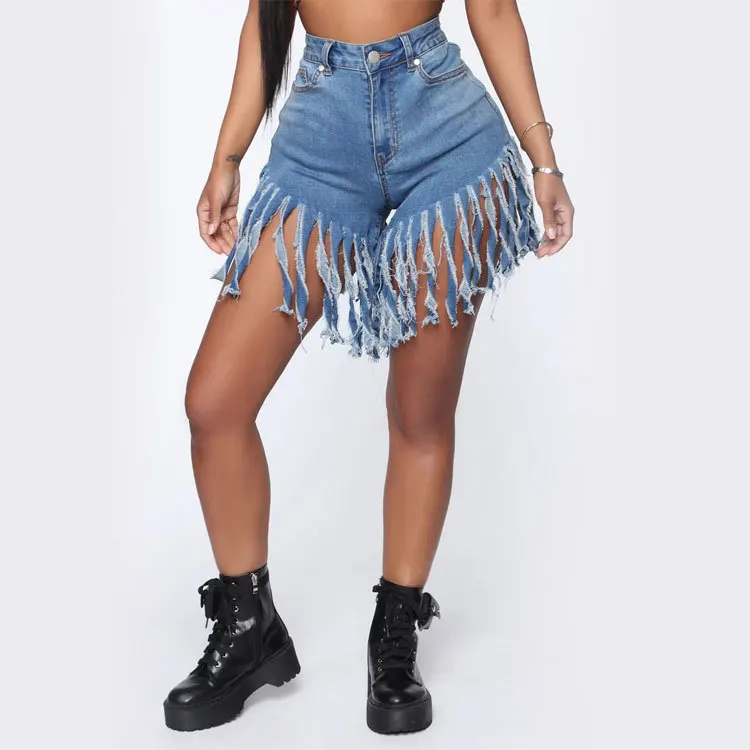 Plus Size Tassels Casual High Waist Denim Shorts Women Fashion Blue High Waist Streetwear Club Party Short Jeans Biker Shorts