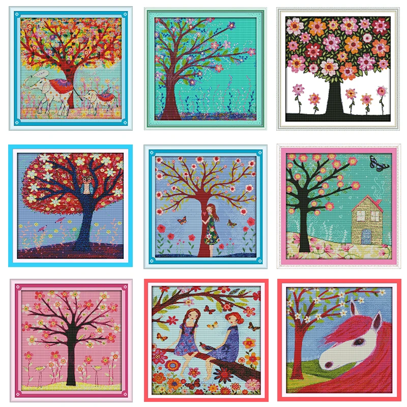 

Spring yearning series hand-painted colorful tree pattern cross stitch kit 14ct 11ct cotton embroidery DIY handmade needlework