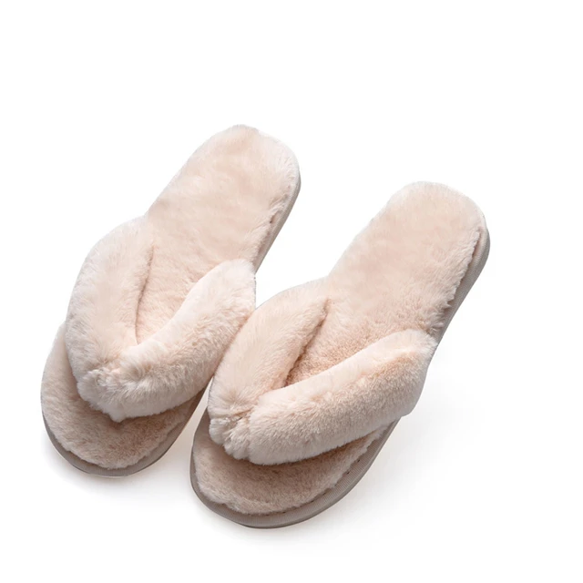 Winter Women House Slippers Faux Fur Fashion Warm Shoes Woman Slip on Flats Female Slides Black Pink cozy home  furry slippers 3799-beige