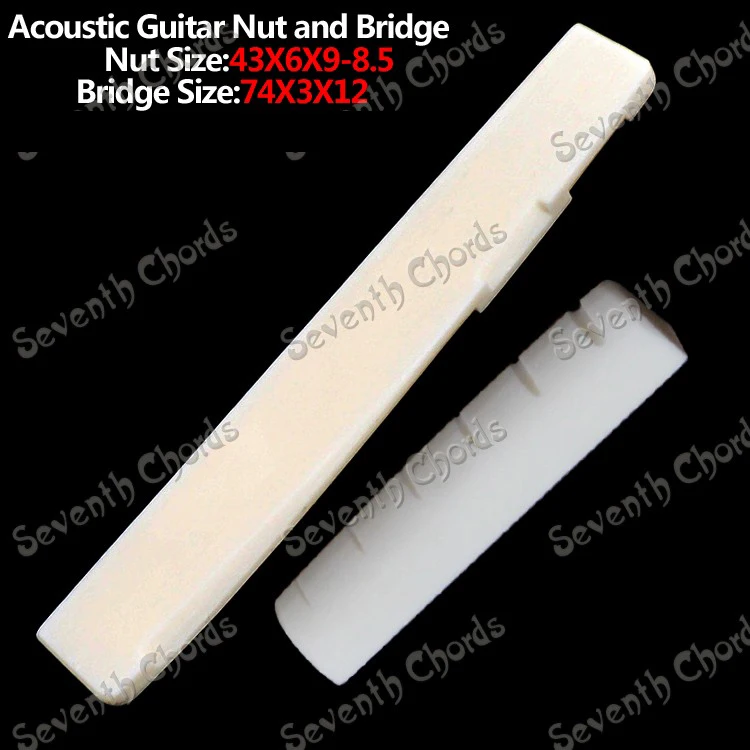 

Набор гаек для акустической гитары (размер 43x6x9-8,5 мм) и мостовое седло (размер 74x3x12 мм)