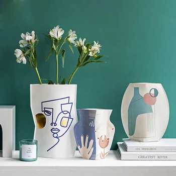 

Creative Waterproof Paper Vase Nordic Abstract Cartoon Pattern Vases Flower Arrangement Desk Decoration Furnishings Home Decors