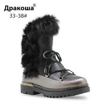 

Apakowa Kids Real Fur Leather Winter Boots for Little Girls Zipper Mid-calf Warm Wool Lined Snow Boots Slouch Walking Boots