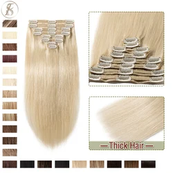 TESS Non-Remy Human Hair Clip In Extensions Straight Hair Full Head Thicker Hairpiece Ombre Highlight Bleach Blonde for Women