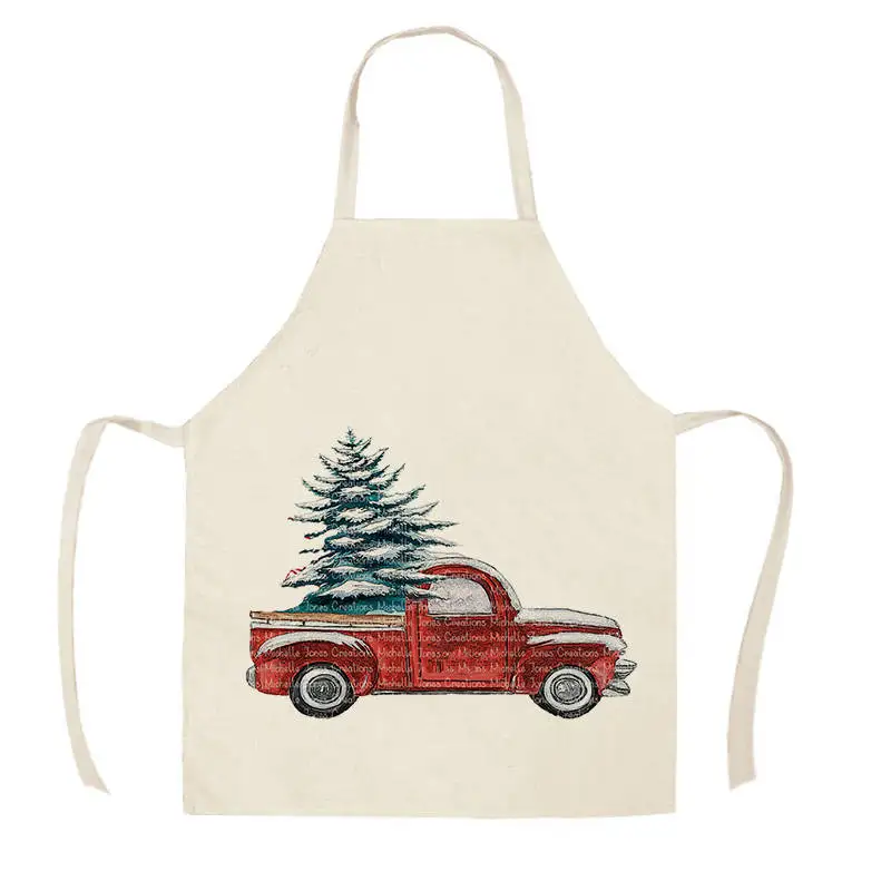 Merry Christmas Car Tree Red Plaid Kitchen Aprons for Woman Man Home Cooking Baking Shop Cleaning Cotton Linen Apron WQi856