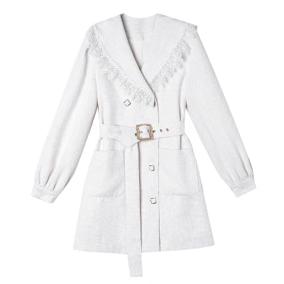 Women Winter Dress Coats 2020 White Fashion Buttons For Coat New Style Lapel Notched Lace Patchwork Office Lady Long Blazer