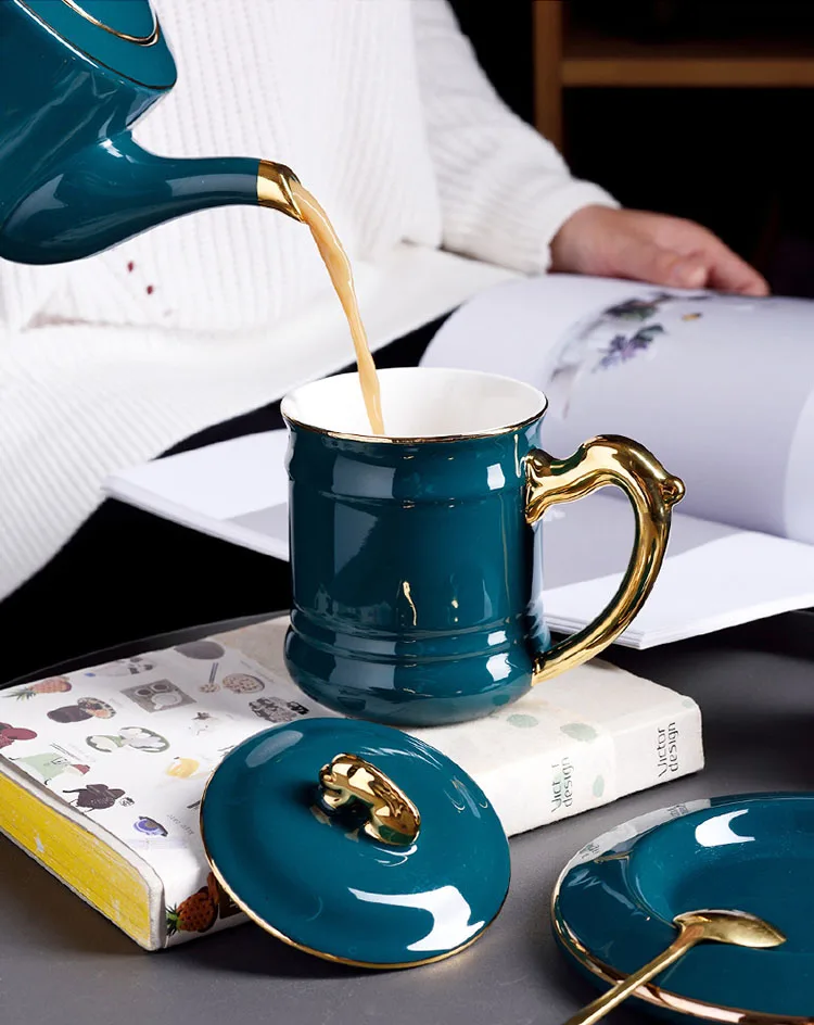 GLLead креативная голубая чайная чашка зеленый керамический кофейные чашки и блюдце 350 мл офисная чайная чашка из фарфора с крышкой и ложкой модный подарок