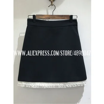 

retro mini skirt ladies retro lace side casual women's skirt Wool blend pearl lace skirt A-line skirt black skirt short skirt