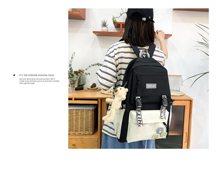 5 Pcs Set Harajuku Women Laptop Backpack Canvas School Bags For Teenage Girls Kawaii College Student Kids Book Bag Rucksack 2022