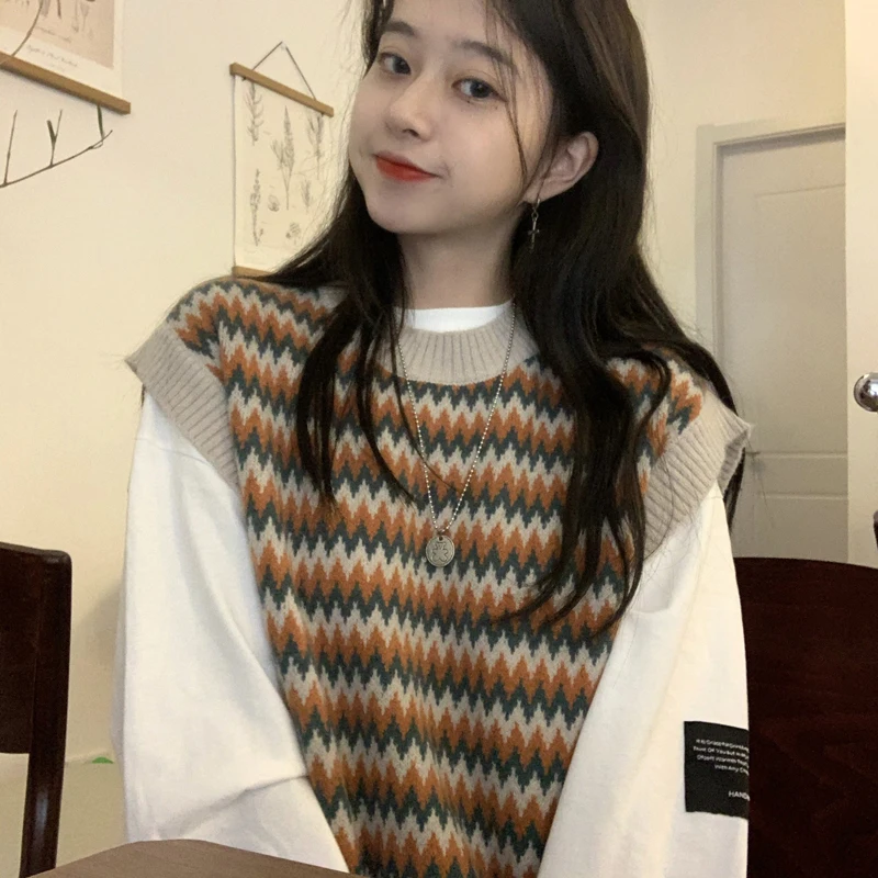 

Autumn Vintage Striped Knit Vest Women Korean Cute Casual Loose Sweet Girly Top Preppy Style The Basic Pullover Sweater New 2020