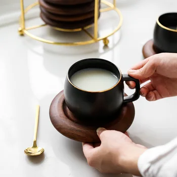 

European-Style Retro Frosted Golden Trim Coffee Cup Set Ceramic Cup Home Office Afternoon Tea Cup Set with Tray