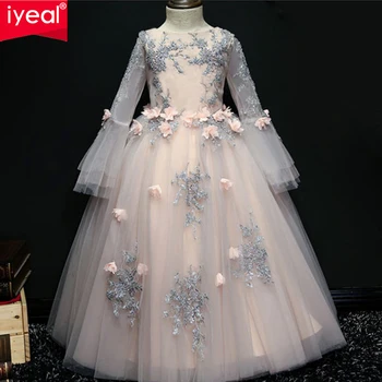 

IYEAL Girls Wedding Dresses Long Sleeve Bead Appliques Lace Party Princess Birthday Dress First Communion Gown Flower Girl Wear