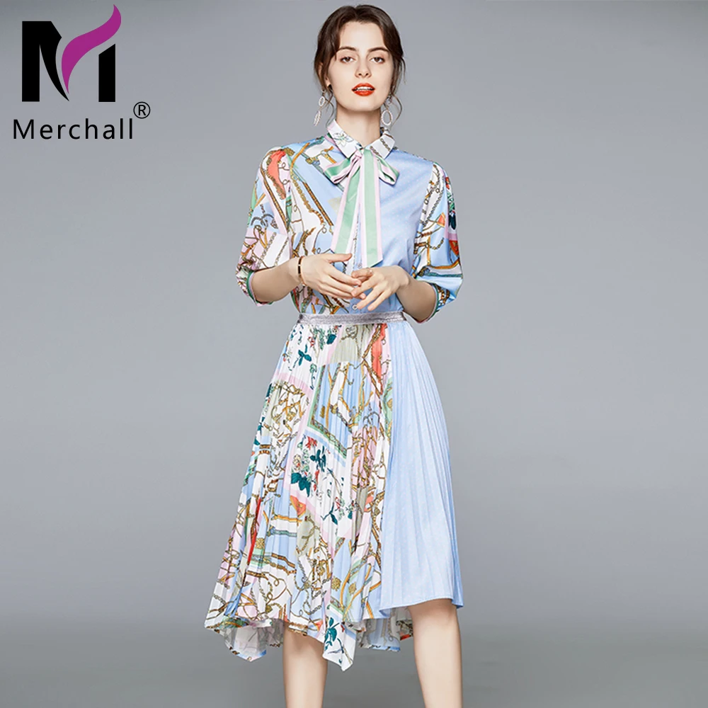 Runway Skirt 2 Piece Set Women Bow Tie Sashes Half Sleeve Floral Blouse Shirts and Irregular Pleated Skirt Women Clothing Set