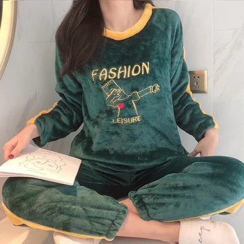 

Women Autumn Winter Flannel Pajamas Sets Coral Velvet Nightwear Thick Night Suit Warm Sleepwear Female Homewear Sleep Lounge