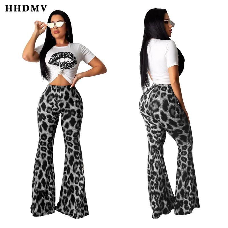 HHDMV ZSC087 summer high street style sets short sleeve round neck printed top elastic leopard grain long pants two piece |