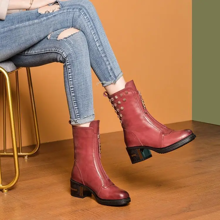 

Zipper Martin boots before female in cylinder motorcycle boots high knight boots with rivet head layer cowhide