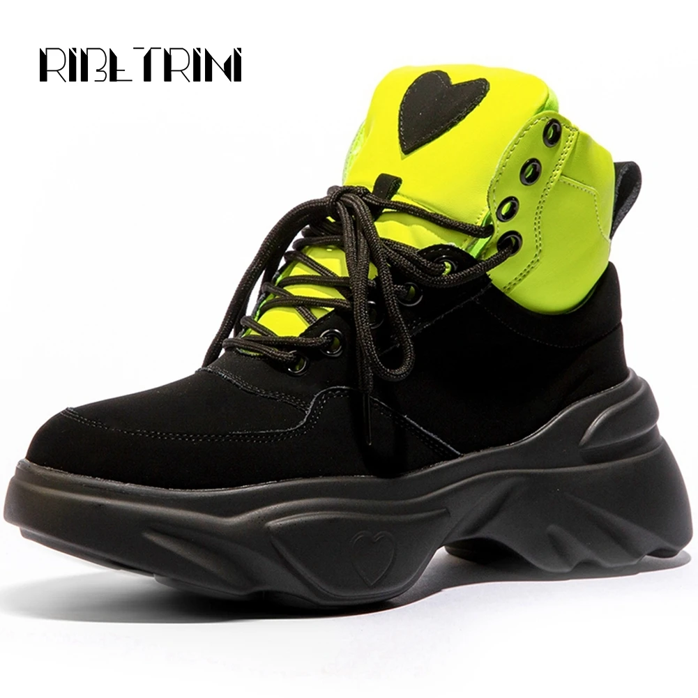 

RIBETRINI 2019 Genuine Leather Dad Shoes Fashion Woman Thick Heels Platform Spring Autumn Outdoor Casual Dress Women Sneakers