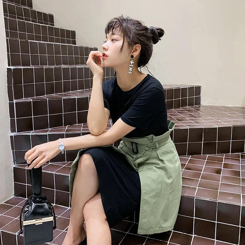 

Simple Versatile Short Sleeve Mid-length T-shirt Dress + Irregular Belt Skirt Set