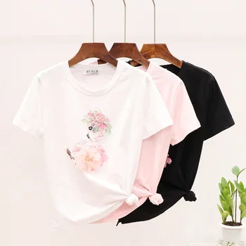 

Cotton T Shirt Women Pink White Black T-shirt Beaded Sequined Flamingo Print Short Sleeve T-shirt Women Loose All-match Top Tee
