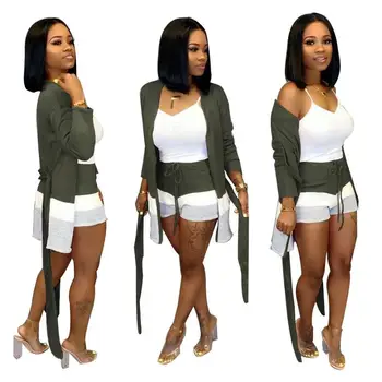 

Winter Elegant Knitted Women Set V-Neck Overalls Open Stitch Sashes Coat Shorts Suit Two Piece Set Tracksuit Sweatsuit
