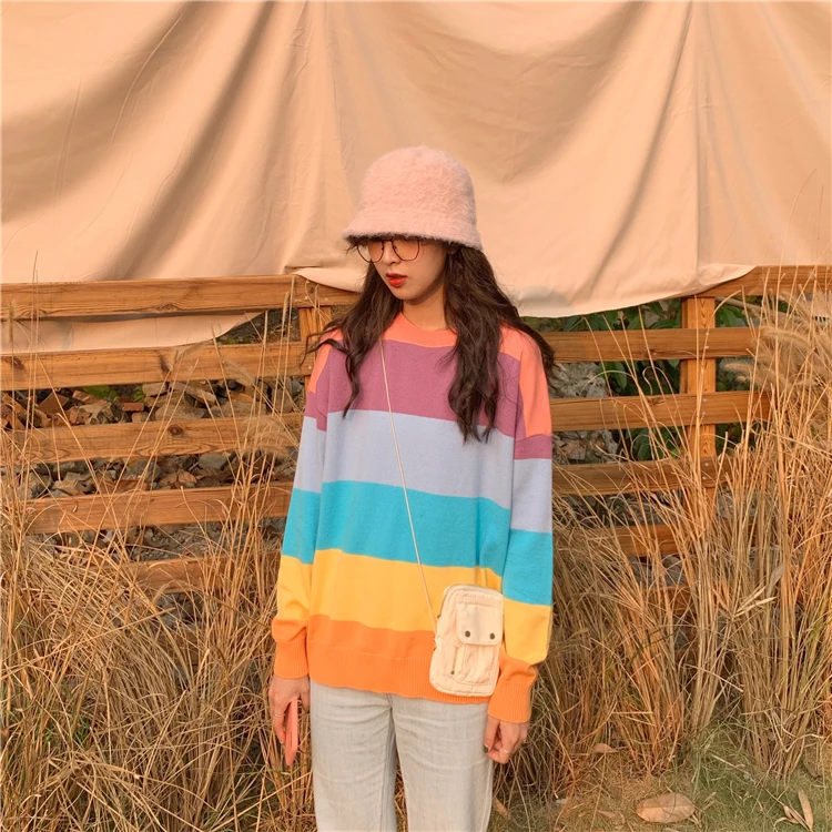 Красочный Полосатый свободный свитер с длинным рукавом женский корейский Harajuku женские свитера японский Kawaii одежда ulzzang для женщин