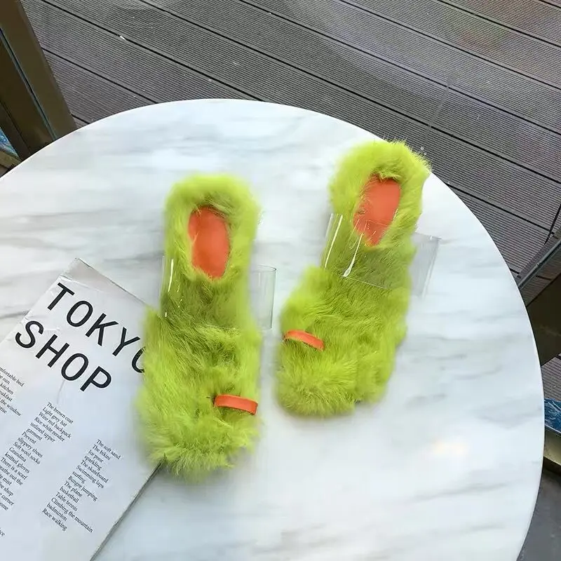 

Fleece ins slippers women wear 2019 autumn new wild thick with fashion transparent pinch net red sandals and slippers