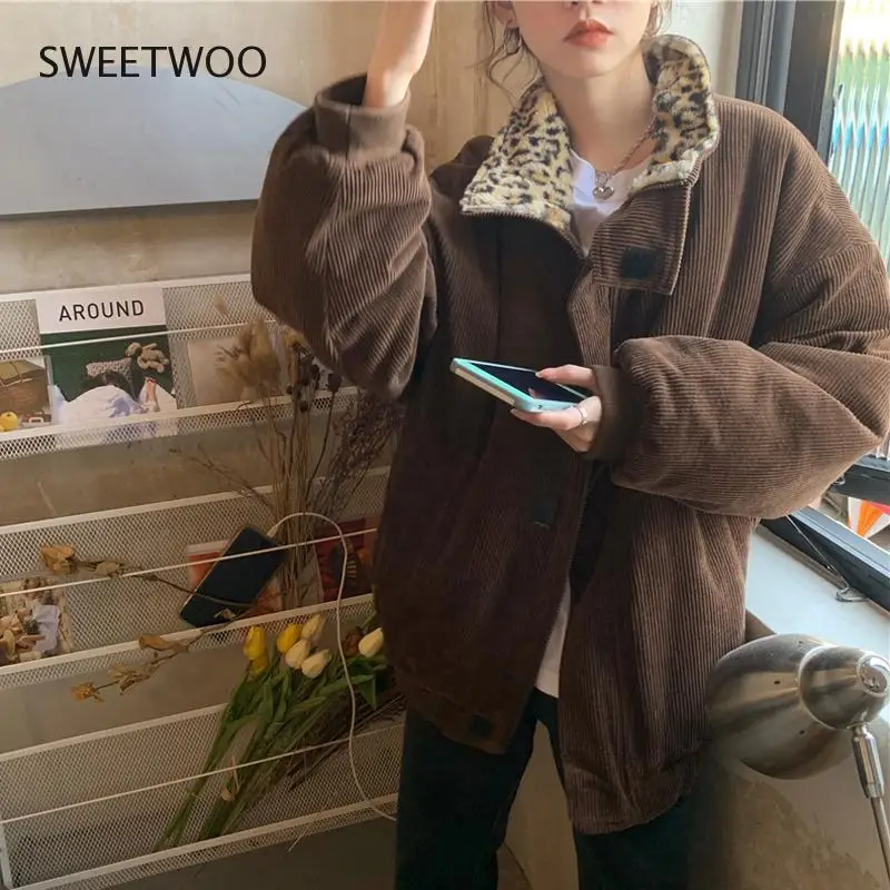 2021 New Winter Leopard Patchwork Women Coat Corduroy Warm Loose Casual Jacket Female Outwear Elegant Tops
