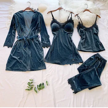 

Women Pajamas Gold Velvet Warm Winter Pajamas Set Sexy Lace Loose Sleepwear 4 Pieces Home Clothes Long-sleeved Sling And Pants
