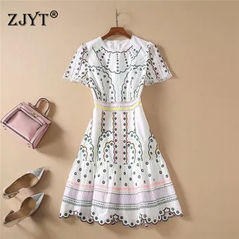 

New 2020 Spring Summer Runway Dress High Quality Women's Fashion Short Sleeve Hollow Out Embroidery Short Casual Cotton Dress