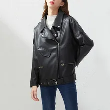 Casual Women Faux Leather Jacket 2021 Zipper Loose Biker Sashes Streetwear Punk Outwear Fashion BF Style Black Leather Jackets