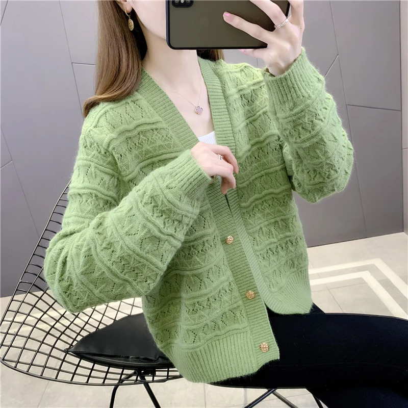 

Room 211563, no. 1 in 11 collaosed v-neck pure color diamond hollow out 49 knitting cardigan [3500]