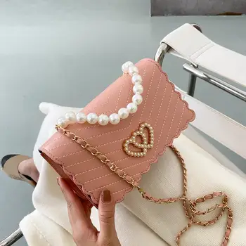 

Women PU Elegant Love Small Shoulder Handbag Youth Ladies Simple Versatile Bag Fashion Pearl Handle Messenger Bag