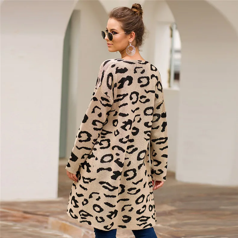 Forefair, длинный вязаный леопардовый кардиган, зимнее пальто, повседневное, с животным принтом, свободные, большие, вязаные свитера для женщин