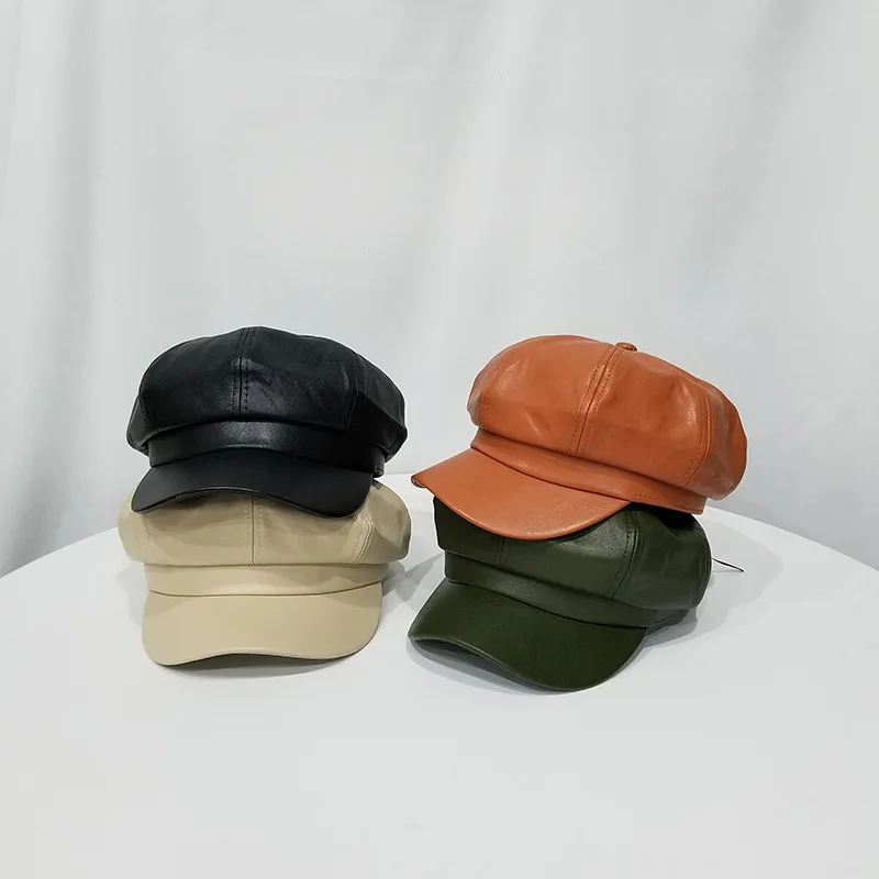 

Autumn And Winter Online Celebrity Style Leather Hat Women's Beret Pu Hide Substance Korean-style Octagonal Cap England Brim Hat
