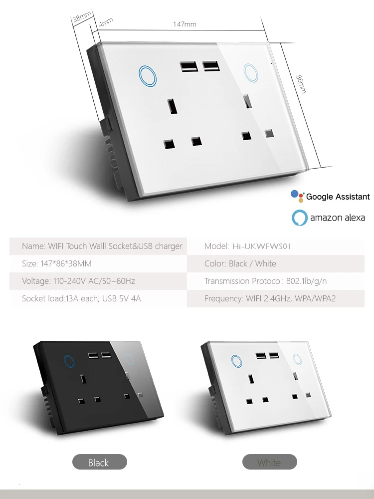 2 банды Великобритания 13A сенсорный выключатель штепсельные розетки двойной USB Розетка wifi умная розетка с usb 2,0 совместимый с Alexa google assistant