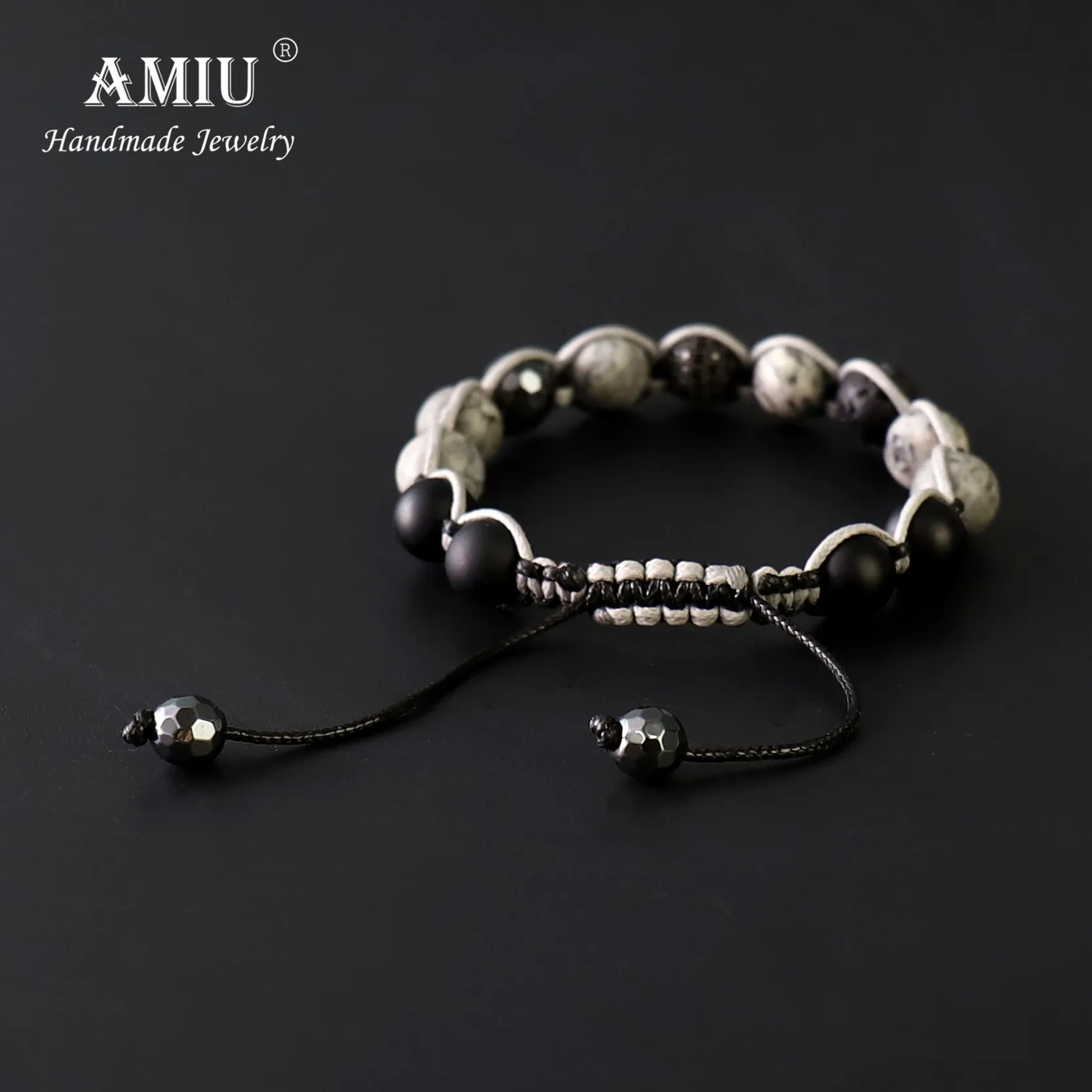 AMIU ручной работы мужской натуральный камень браслет из бисера Ограненный гематит бусины вощеный шнур черный браслет из Шамбала