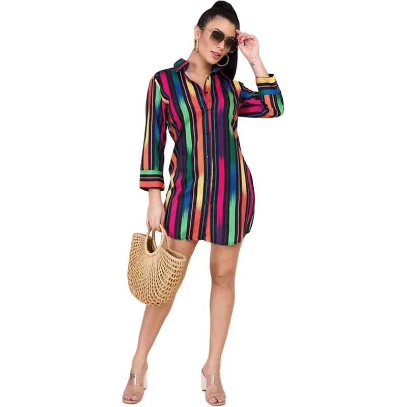 Woman Short Sleeve T-shirt dress Rainbow Color Stripes Printed Button dress