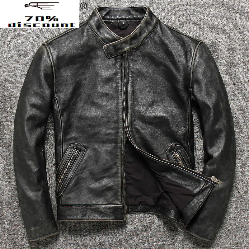 

Vintage Genuine Leather Jacket Men Short Spring Autumn Mens Real Cow Leather Jacket Stand Collar Motorcycle Cowhide Slim