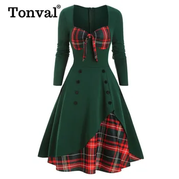 

Tonval Knotted Front Plaid Vintage Layered Hem Sweetheart Elegant Party Dress Women Double Breasted Long Sleeve Autumn Dresses